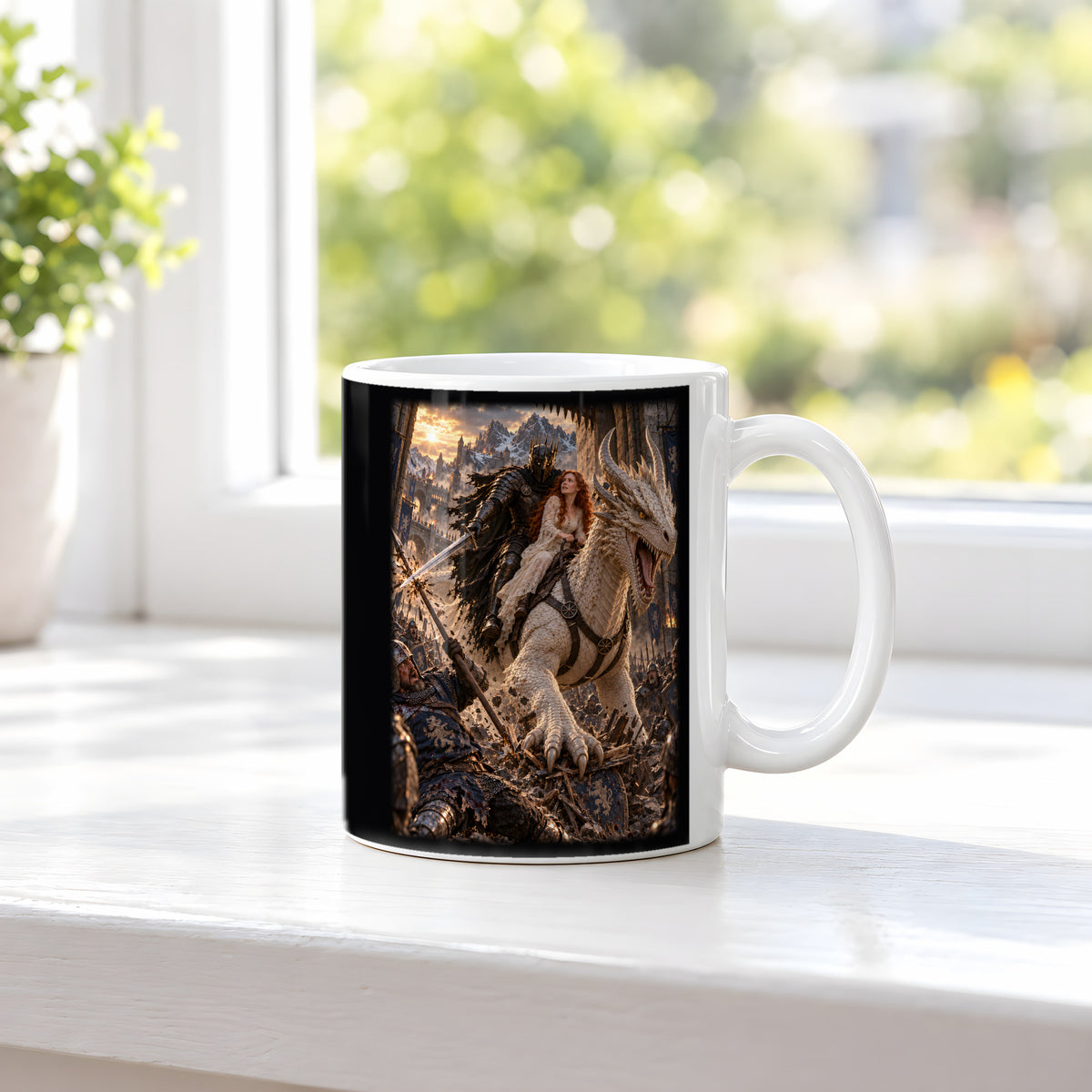 Durchbruch auf dem weißen Drachen – weiße Keramiktasse, am Fenster