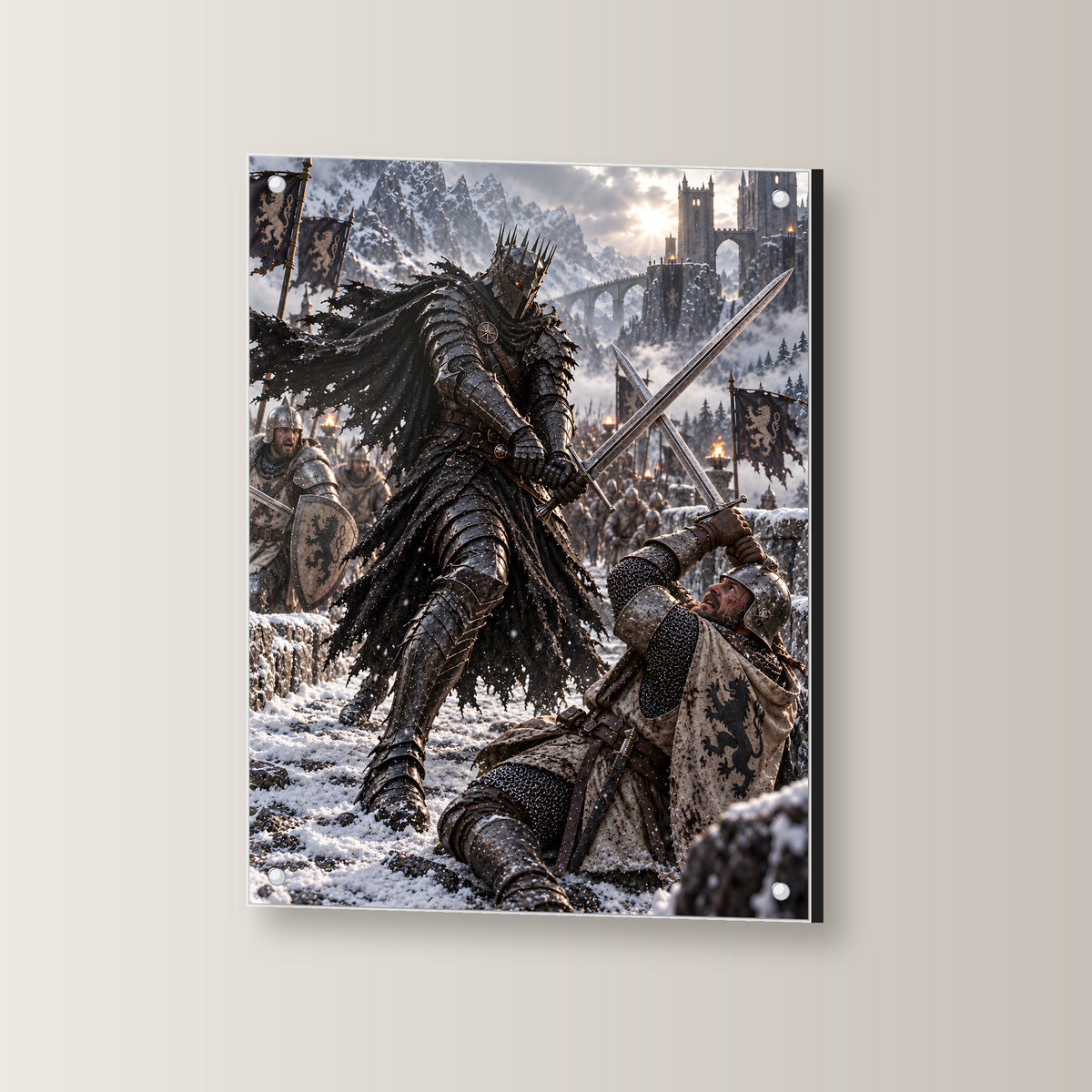 Kronenritter im Schneekampf – Acrylglasbild mit Abstandshaltern, schräge Ansicht