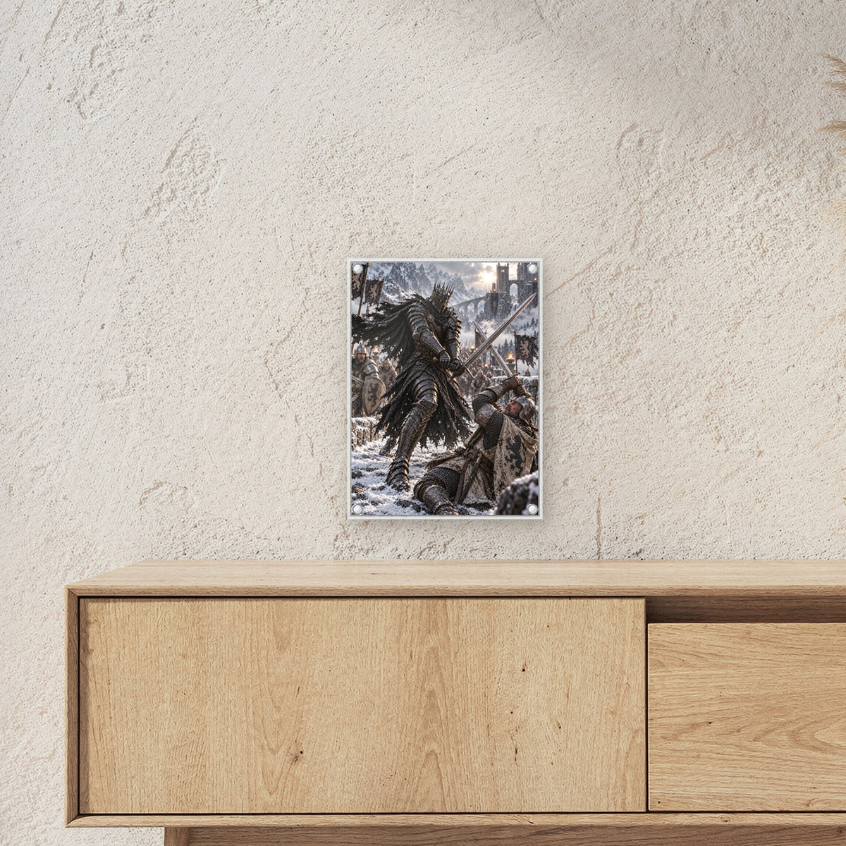 Kronenritter im Schneekampf – Acrylglasbild mit Abstandshaltern, Ansicht im Wohnraum