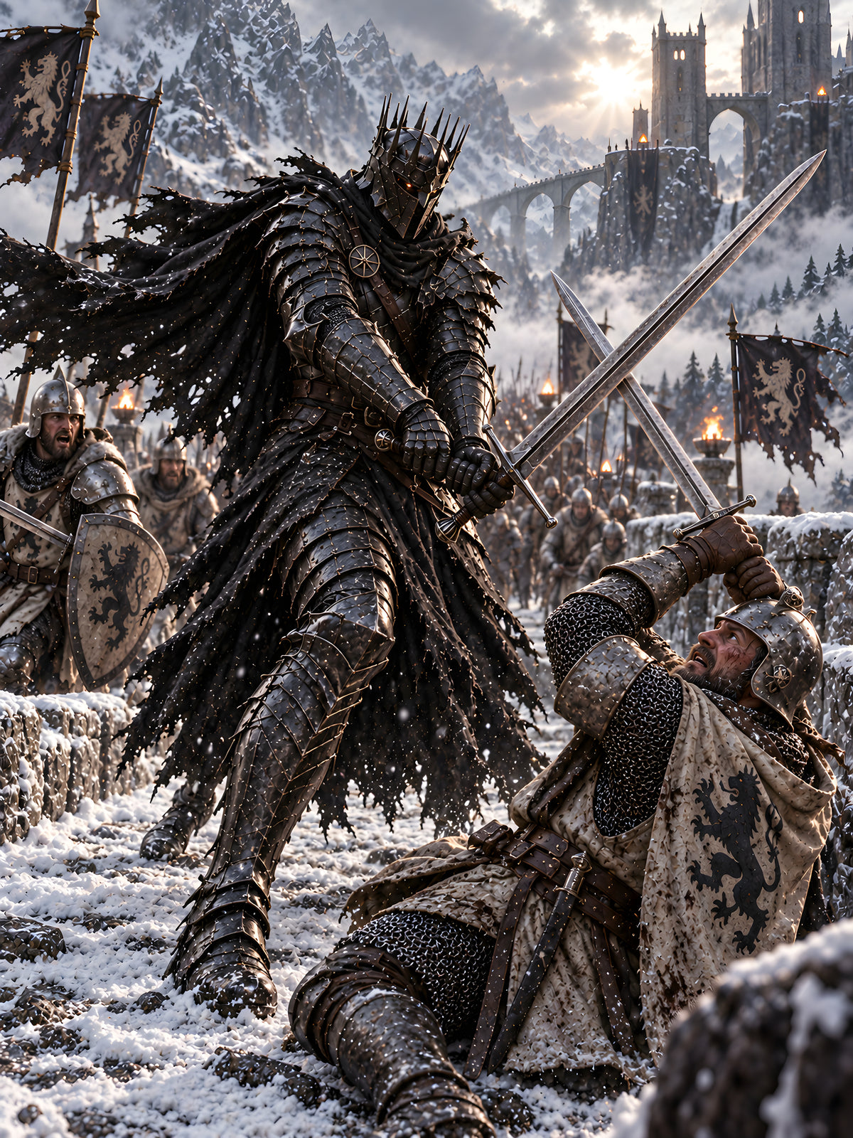 Kronenritter im Schneekampf – Wandbild im schwarzen Holzrahmen, vollständiges Fantasy-Motiv