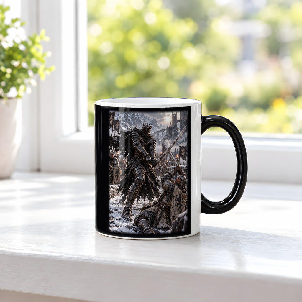 Kronenritter im Schneekampf – Zaubertasse mit sichtbarem Motiv bei Wärme, am Fenster