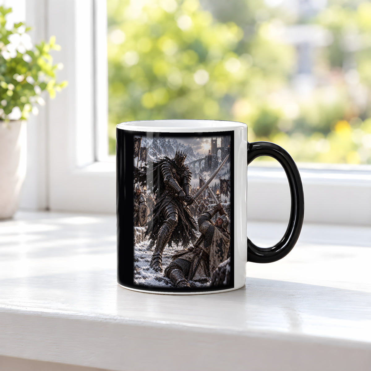 Kronenritter im Schneekampf – Zaubertasse mit sichtbarem Motiv bei Wärme, am Fenster