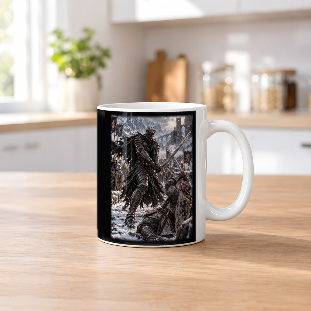 Kronenritter im Schneekampf – weiße Keramiktasse, auf einer Küchenarbeitsplatte