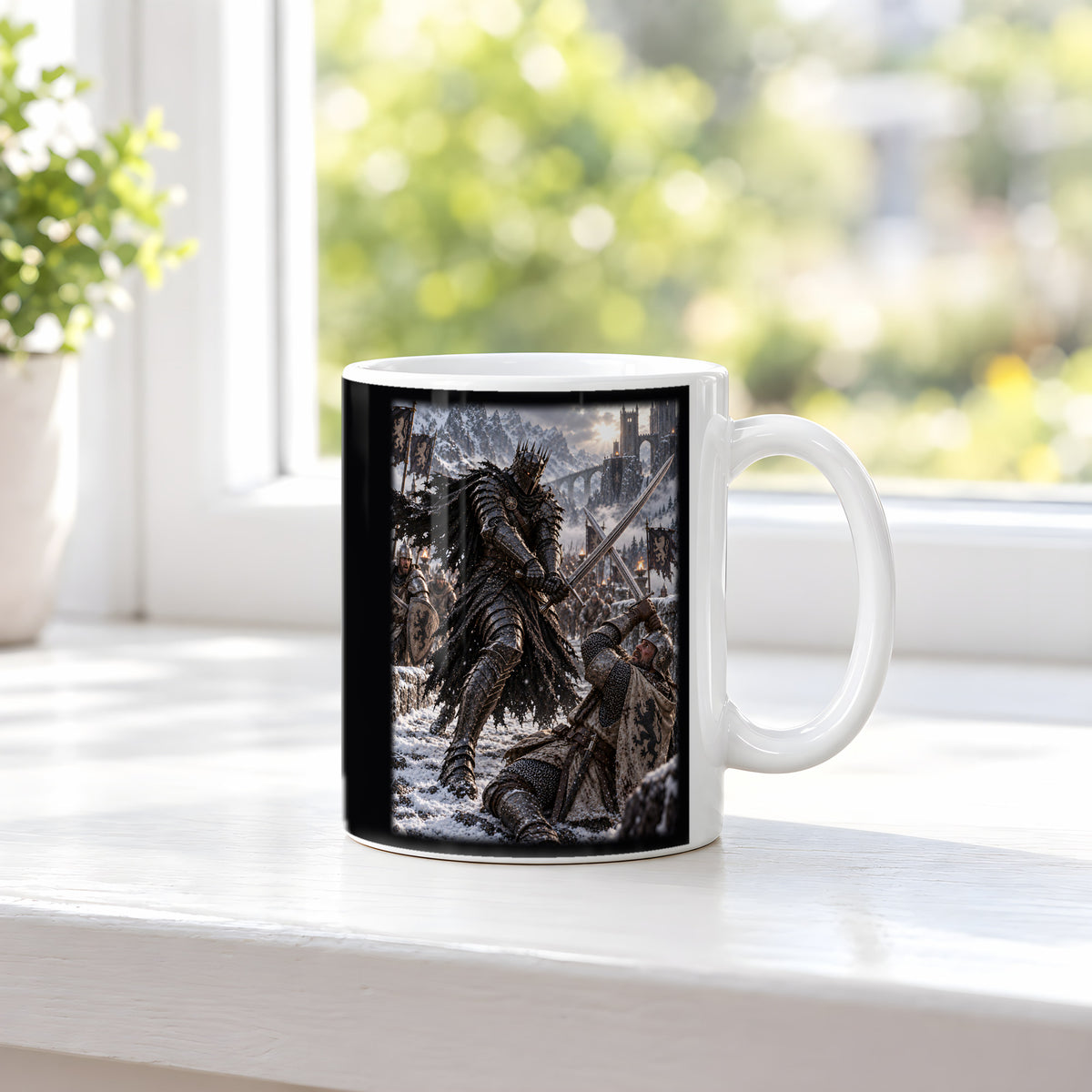 Kronenritter im Schneekampf – weiße Keramiktasse, am Fenster