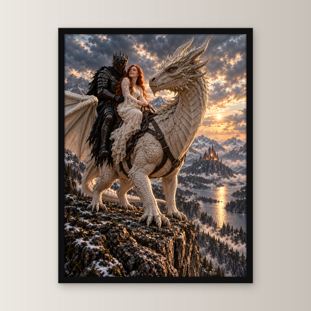 Heimkehr auf dem weißen Drachen – Drachen-Wandbild mit Rahmen – 1 frontal