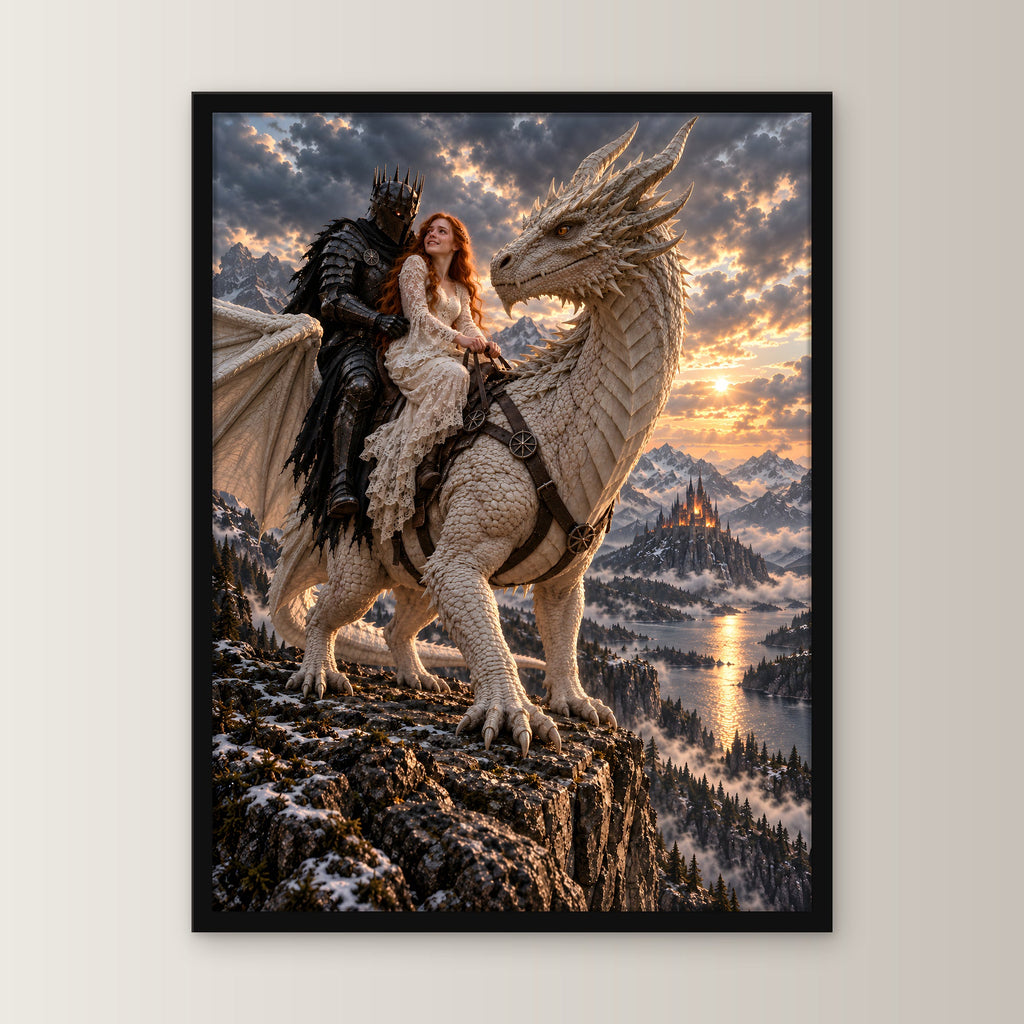 Heimkehr auf dem weißen Drachen – Drachen-Wandbild mit Rahmen – 1 frontal