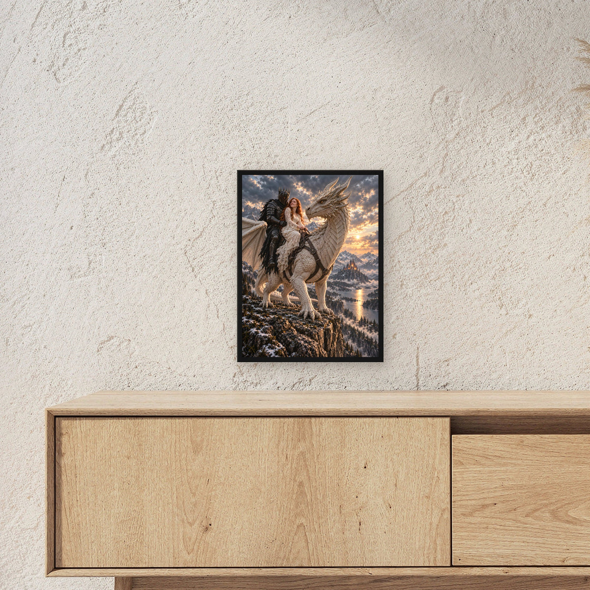 Heimkehr auf dem weißen Drachen – Drachen-Wandbild mit Rahmen – 3 raum