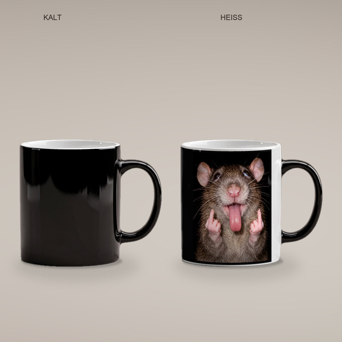 Freche Ratte – Tasse. Zaubertasse: Wärmeeffekt. 4 KALT HEISS. KI-Motiv.