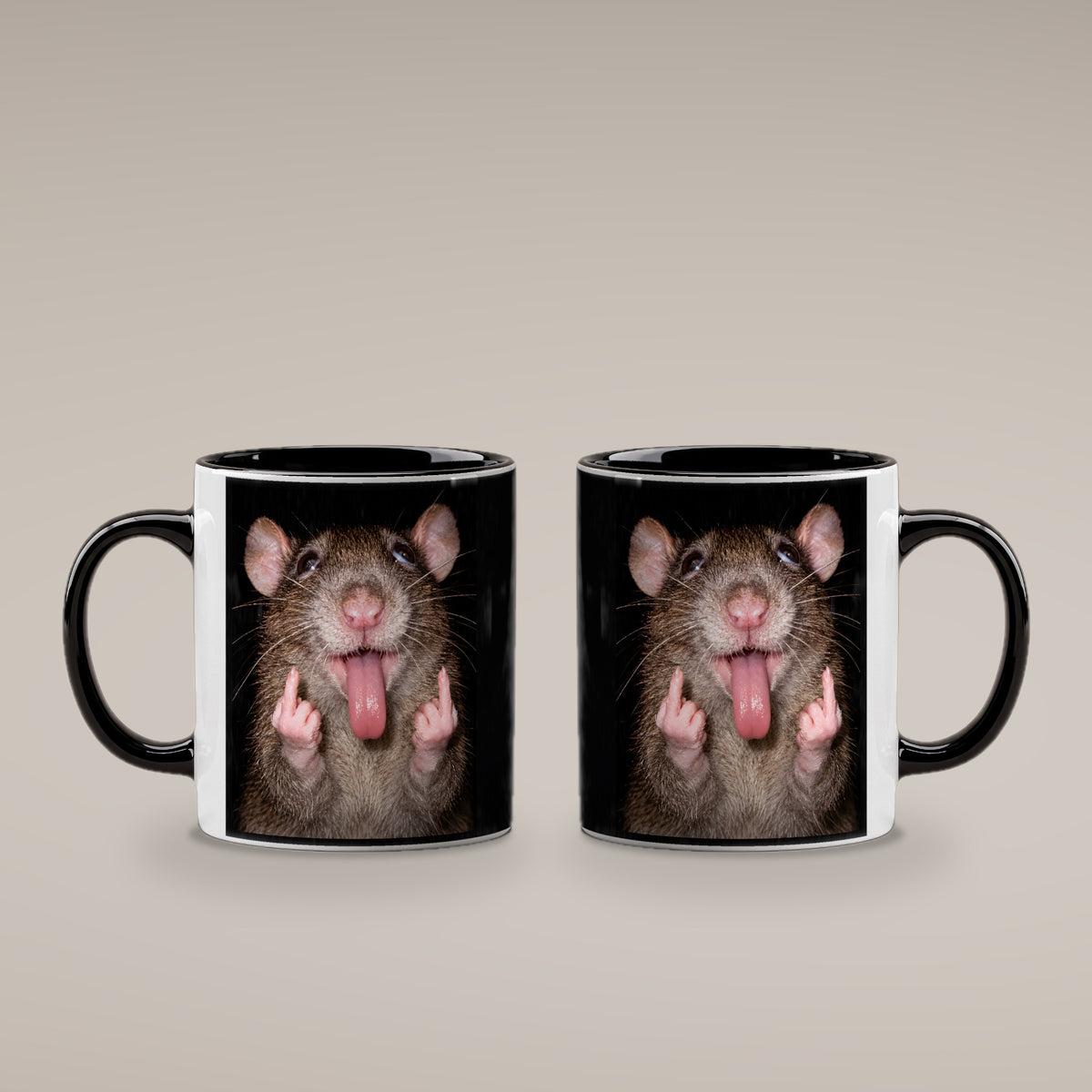 Freche Ratte – Tasse. Innen schwarz. 4 BEIDE SEITEN. KI-Motiv.