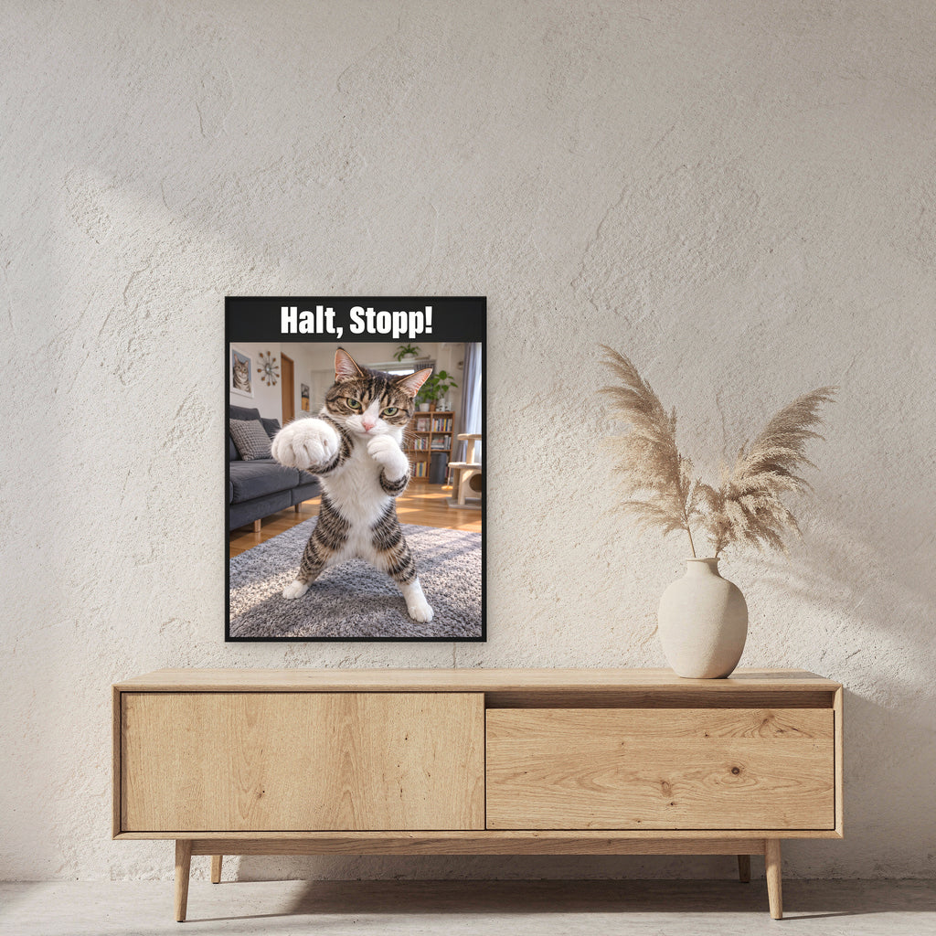 Boxer-Katze – Gerahmtes Wandbild mit Spruch. 60×80 cm. Schwarzer Holzrahmen ohne Passepartout. Raumansicht mit Größenbezug. KI-Motiv.