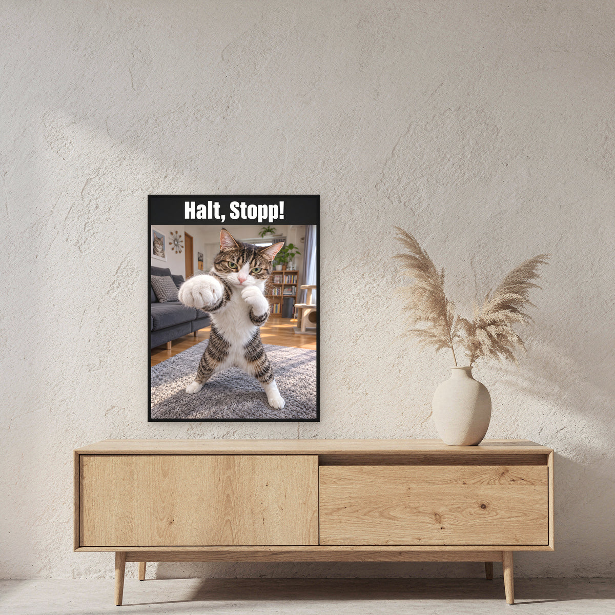 Boxer-Katze – Gerahmtes Wandbild mit Spruch. 60×80 cm. Schwarzer Holzrahmen ohne Passepartout. Raumansicht mit Größenbezug. KI-Motiv.