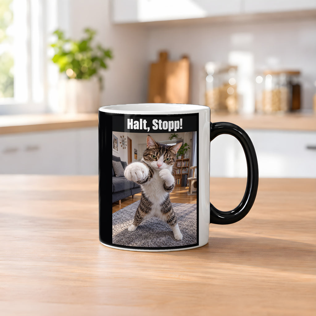 Boxer-Katze – Tasse mit Spruch. Zaubertasse: Wärmeeffekt. 2 KUECHE HEISS. KI-Motiv.