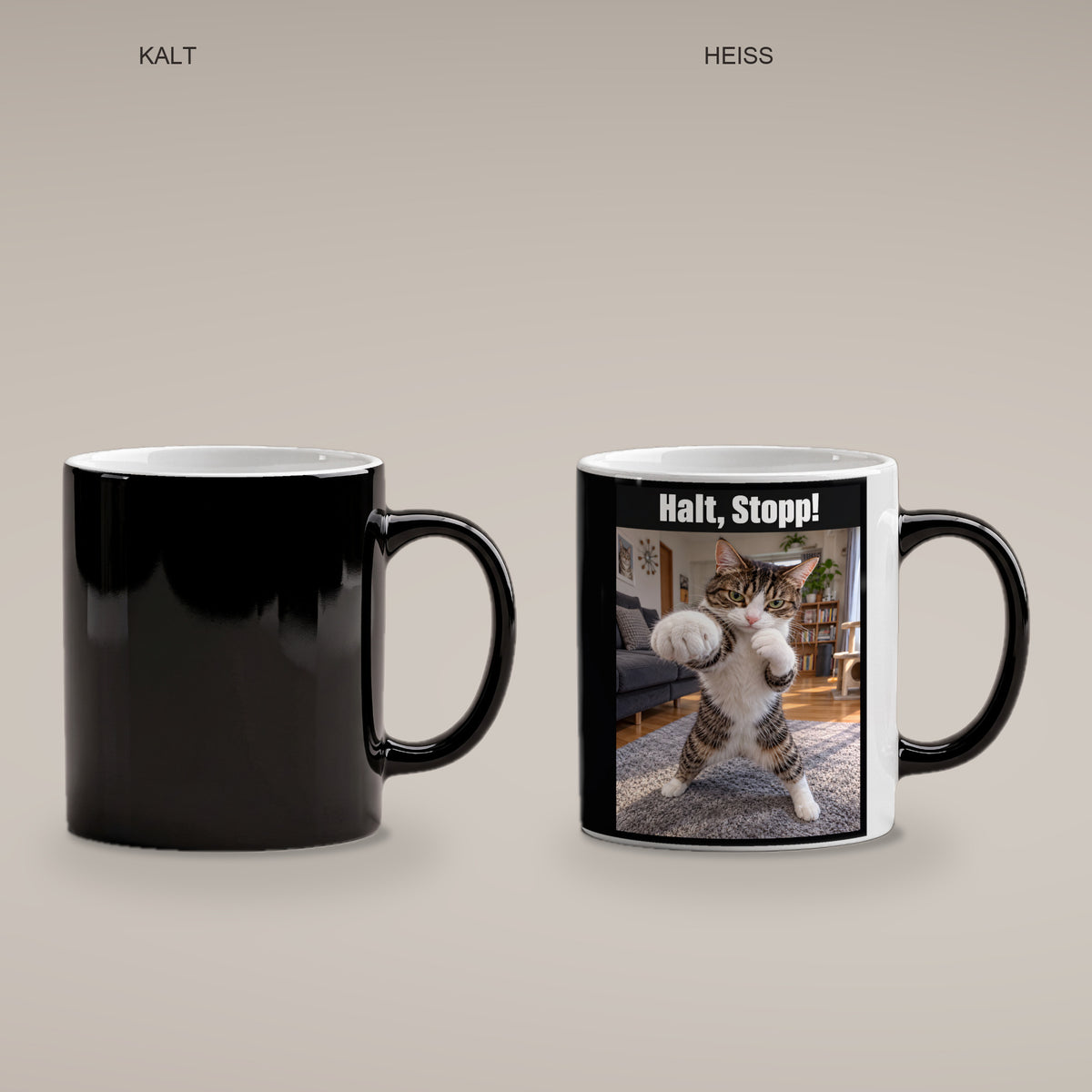 Boxer-Katze – Tasse mit Spruch. Zaubertasse: Wärmeeffekt. 4 KALT HEISS. KI-Motiv.