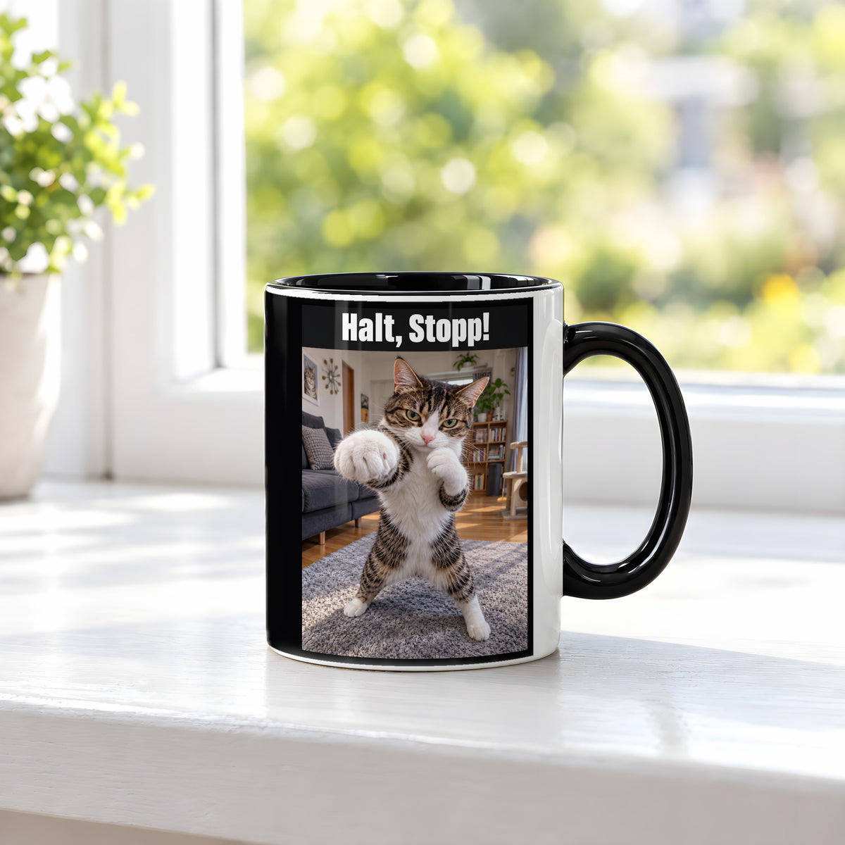Boxer-Katze – Tasse mit Spruch. Innen schwarz. 3 FENSTER. KI-Motiv.