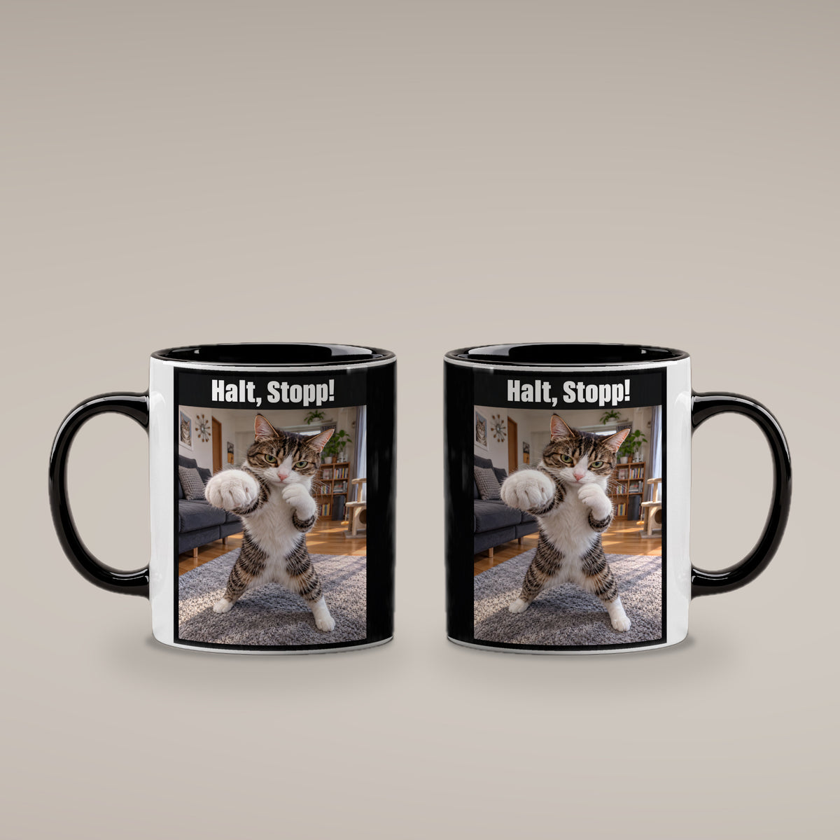 Boxer-Katze – Tasse mit Spruch. Innen schwarz. 4 BEIDE SEITEN. KI-Motiv.