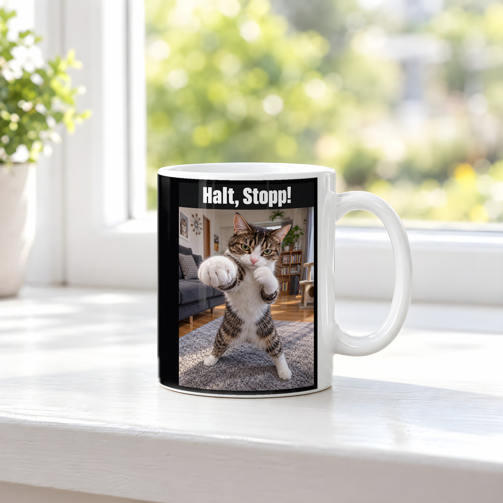 Boxer-Katze – Tasse mit Spruch. Weiß. 3 FENSTER. KI-Motiv.