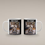 Boxer-Katze – Tasse mit Spruch. Weiß. 4 BEIDE SEITEN. KI-Motiv.