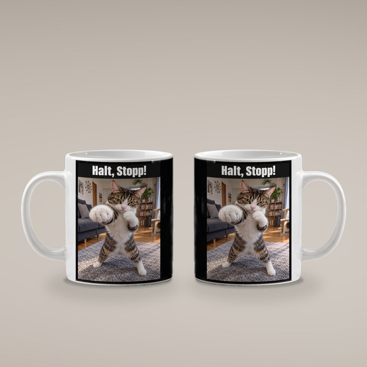 Boxer-Katze – Tasse mit Spruch. Weiß. 4 BEIDE SEITEN. KI-Motiv.