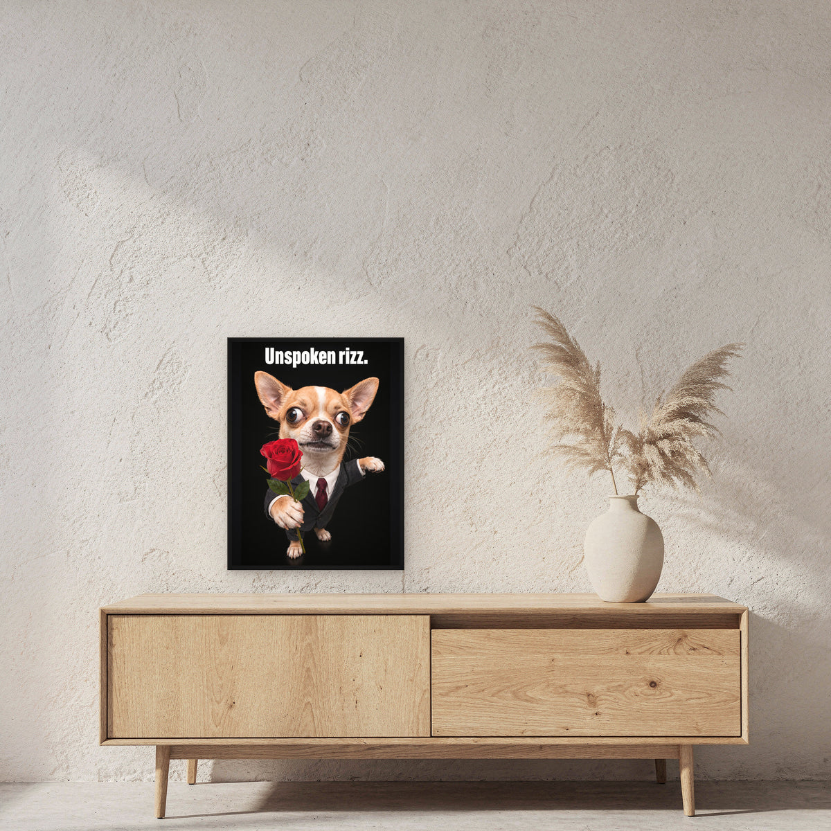 Chihuahua mit Rose – Gerahmtes Wandbild mit Spruch. 45×60 cm. 2 RAUM. KI-Motiv.