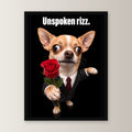 Chihuahua mit Rose – Gerahmtes Wandbild mit Spruch. 30×40 cm. 1 FRONTAL. KI-Motiv.