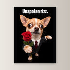 Chihuahua mit Rose – Gerahmtes Wandbild mit Spruch. 60×80 cm. 1 FRONTAL. KI-Motiv.