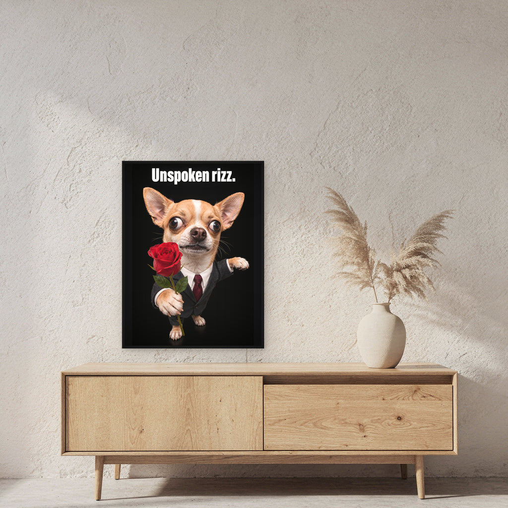 Chihuahua mit Rose – Gerahmtes Wandbild mit Spruch. 60×80 cm. 2 RAUM. KI-Motiv.