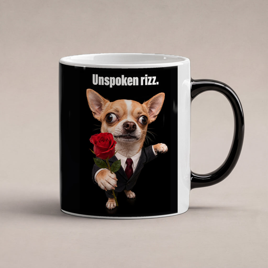 Chihuahua mit Rose – Tasse mit Spruch. Zaubertasse: Wärmeeffekt. 1 STUDIO HEISS. KI-Motiv.