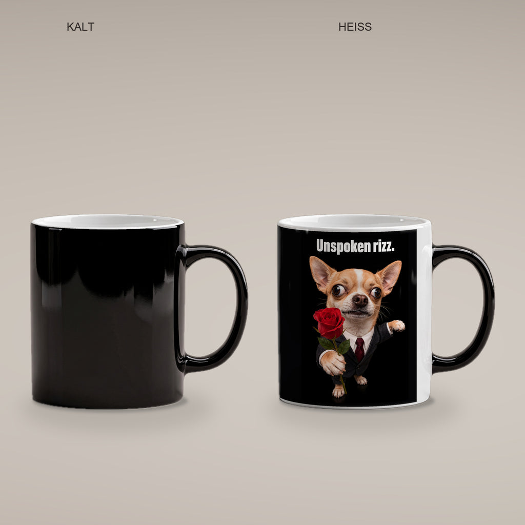 Chihuahua mit Rose – Tasse mit Spruch. Zaubertasse: Wärmeeffekt. 4 KALT HEISS. KI-Motiv.