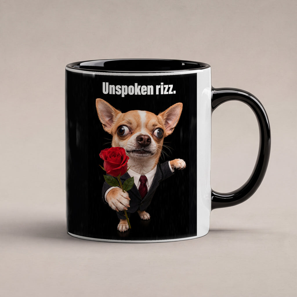 Chihuahua mit Rose – Tasse mit Spruch. Innen schwarz. 1 STUDIO. KI-Motiv.