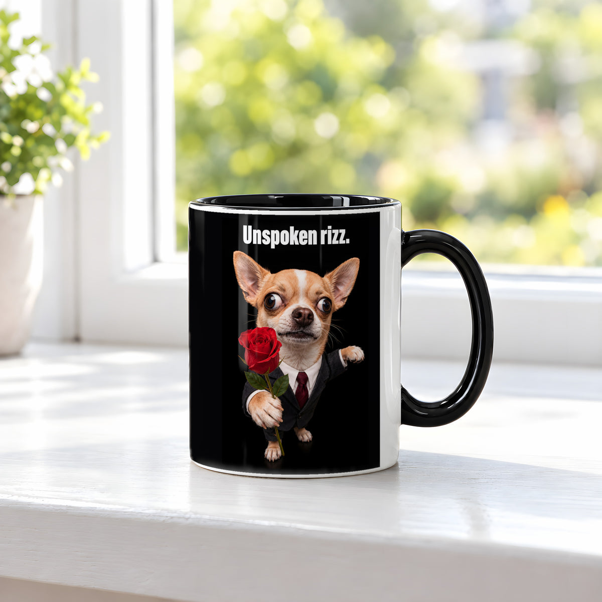 Chihuahua mit Rose – Tasse mit Spruch. Innen schwarz. 3 FENSTER. KI-Motiv.