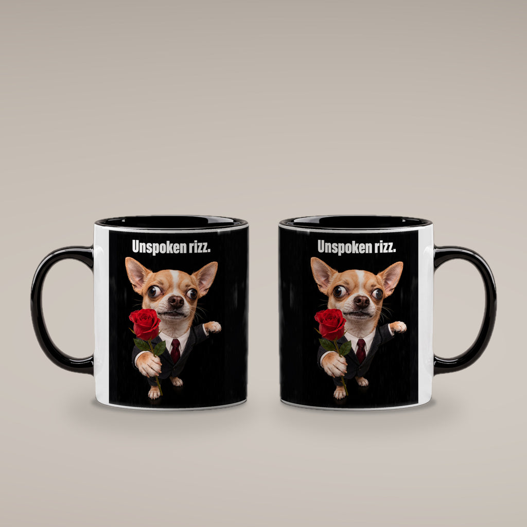 Chihuahua mit Rose – Tasse mit Spruch. Innen schwarz. 4 BEIDE SEITEN. KI-Motiv.