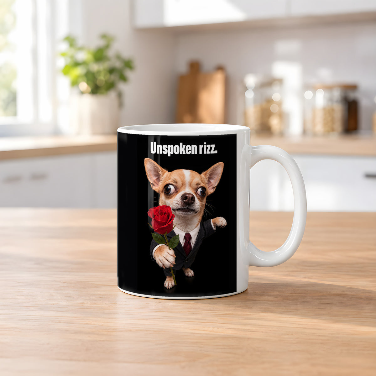 Chihuahua mit Rose – Tasse mit Spruch. Weiß. 2 KUECHE. KI-Motiv.