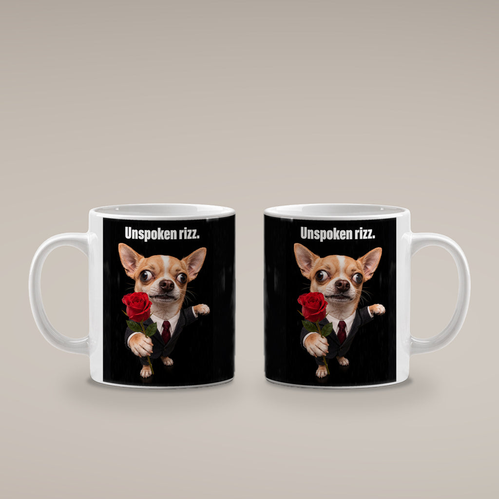 Chihuahua mit Rose – Tasse mit Spruch. Weiß. 4 BEIDE SEITEN. KI-Motiv.