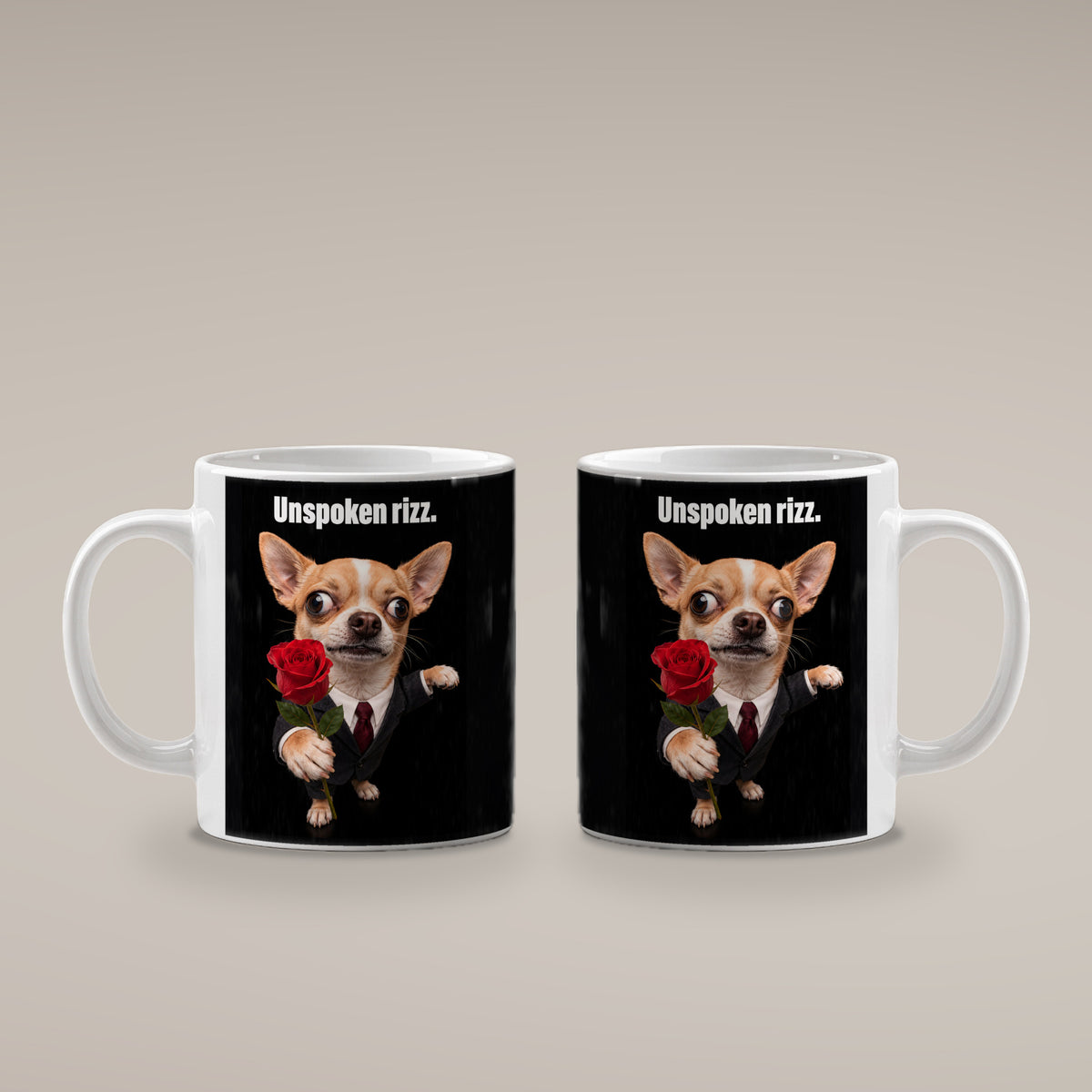 Chihuahua mit Rose – Tasse mit Spruch. Weiß. 4 BEIDE SEITEN. KI-Motiv.
