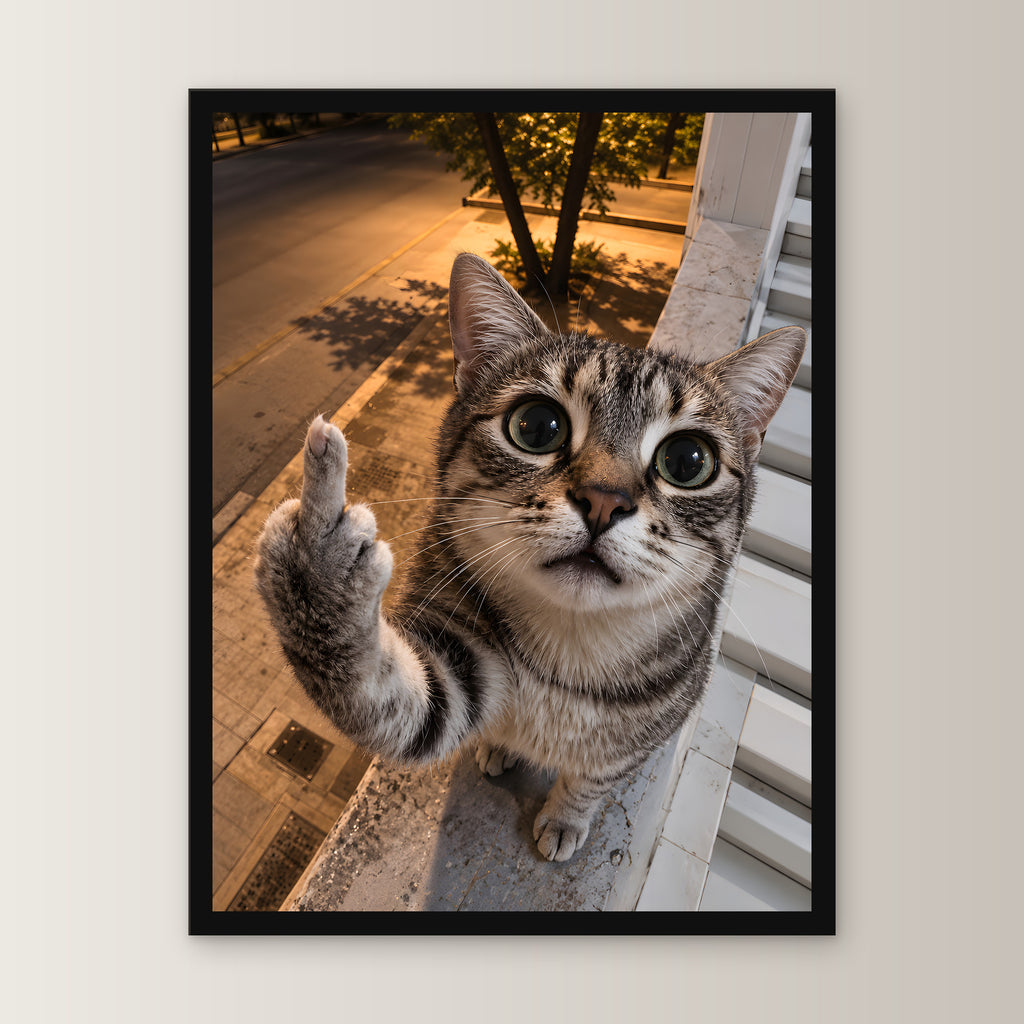 Freche Fensterkatze – Gerahmtes Wandbild. 30×40 cm. 1 FRONTAL. KI-Motiv.