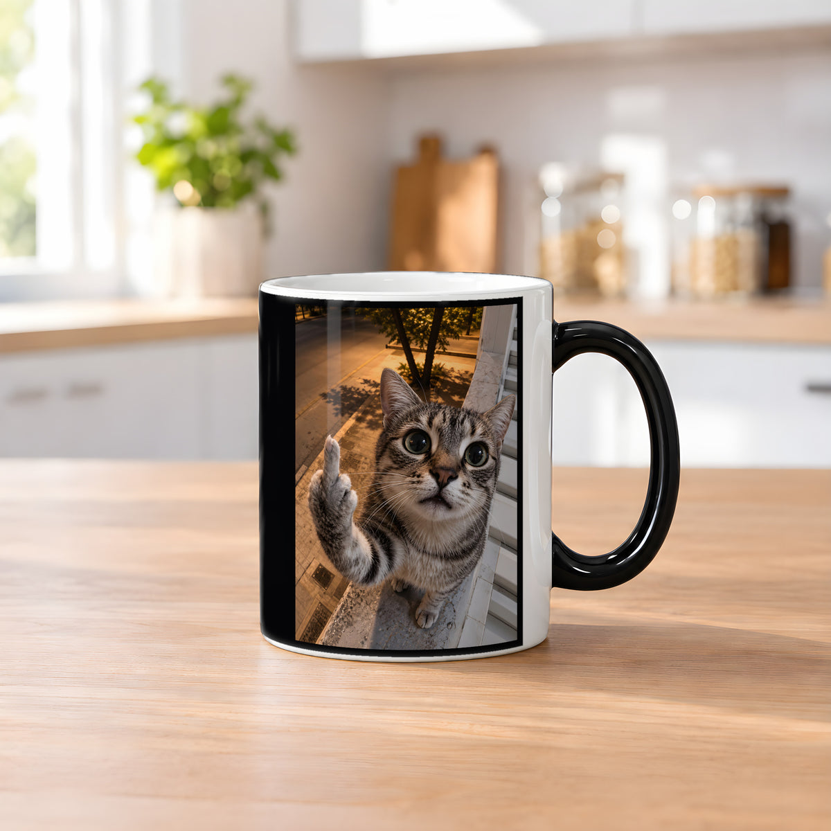 Freche Fensterkatze – Tasse. Zaubertasse: Wärmeeffekt. 2 KUECHE HEISS. KI-Motiv.