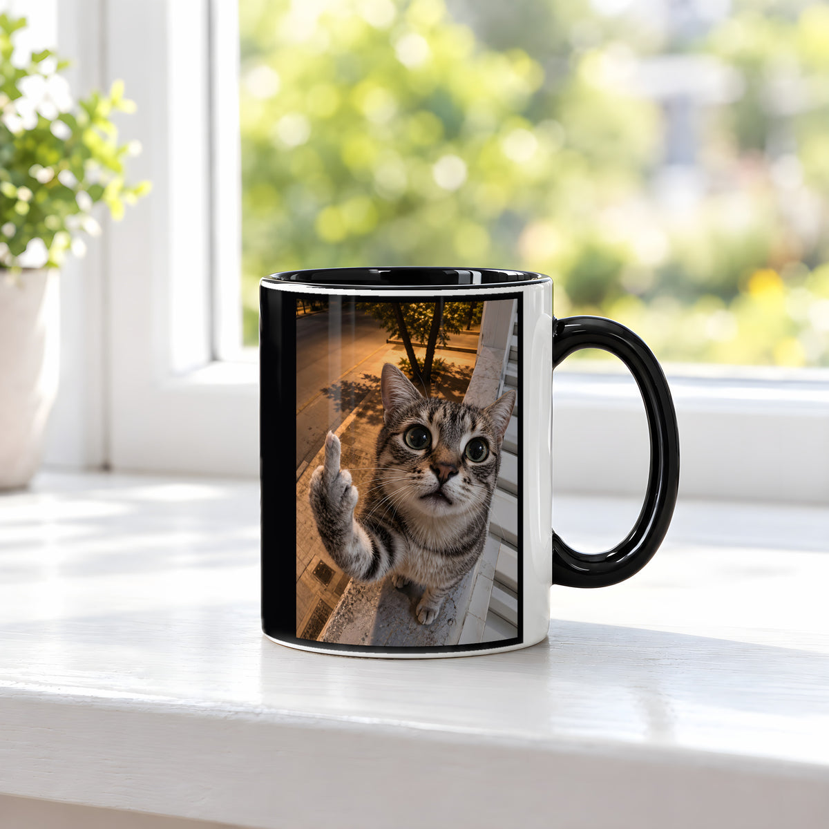 Freche Fensterkatze – Tasse. Innen schwarz. 3 FENSTER. KI-Motiv.