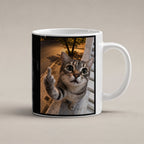 Freche Fensterkatze – Tasse. Weiß. 1 STUDIO. KI-Motiv.