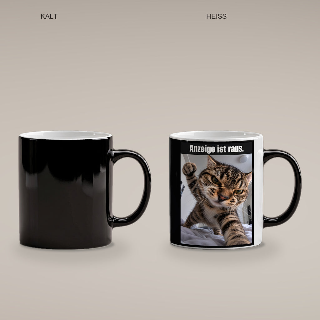 Wütende Bettkatze – Tasse mit Spruch. Zaubertasse: Wärmeeffekt. 4 KALT HEISS. KI-Motiv.