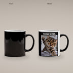 Wütende Bettkatze – Tasse mit Spruch. Zaubertasse: Wärmeeffekt. 4 KALT HEISS. KI-Motiv.