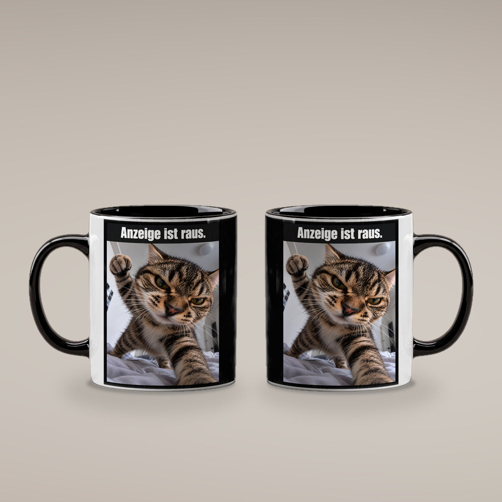 Wütende Bettkatze – Tasse mit Spruch. Innen schwarz. 4 BEIDE SEITEN. KI-Motiv.