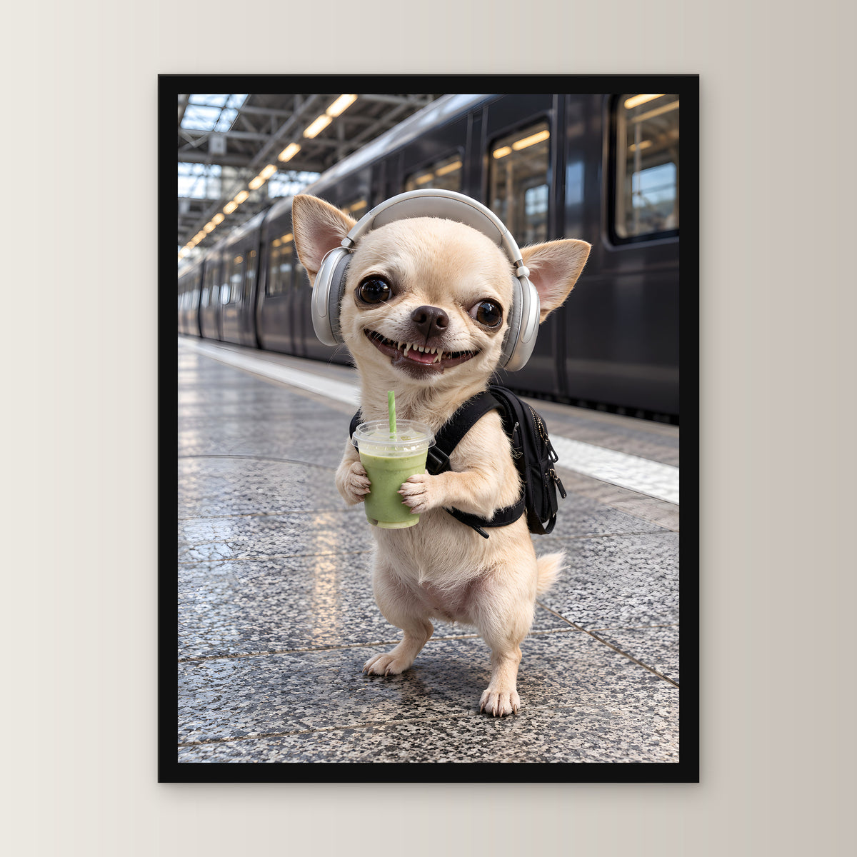 Bahnhof-Chihuahua – Gerahmtes Wandbild. 30×40 cm. 1 FRONTAL. KI-Motiv.