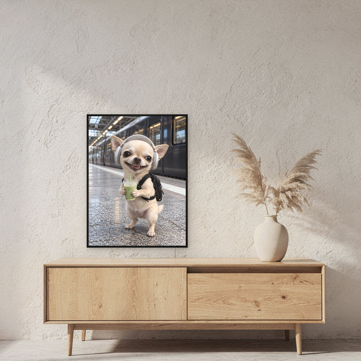 Bahnhof-Chihuahua – Gerahmtes Wandbild. 60×80 cm. 2 RAUM. KI-Motiv.