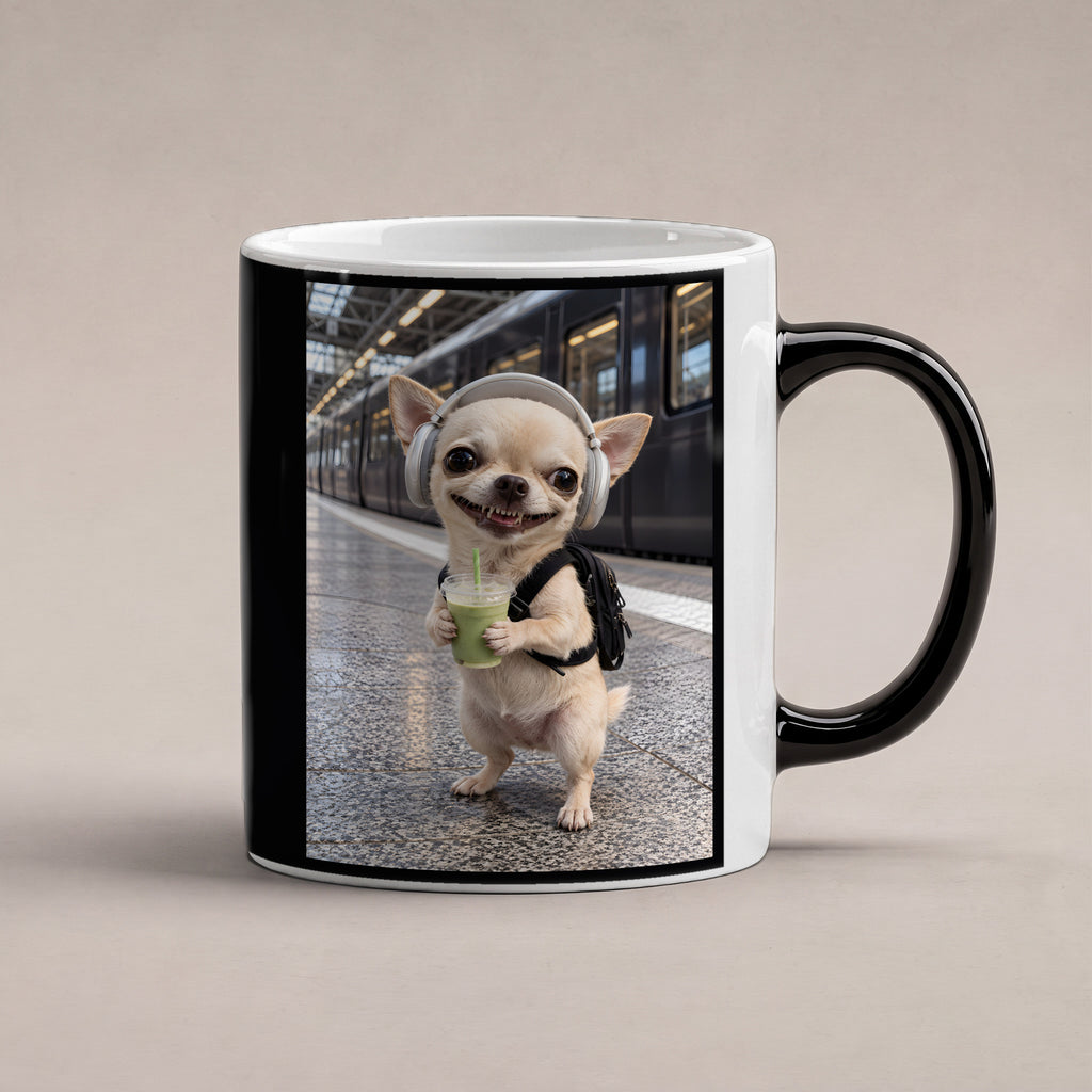 Bahnhof-Chihuahua – Tasse. Zaubertasse: Wärmeeffekt. 1 STUDIO HEISS. KI-Motiv.
