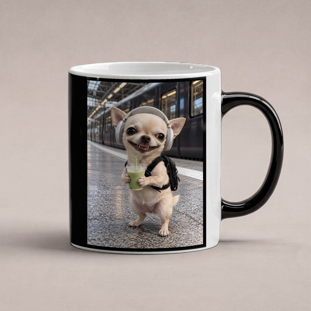Bahnhof-Chihuahua – Tasse. Zaubertasse: Wärmeeffekt. 1 STUDIO HEISS. KI-Motiv.