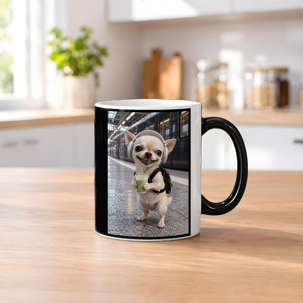 Bahnhof-Chihuahua – Tasse. Zaubertasse: Wärmeeffekt. 2 KUECHE HEISS. KI-Motiv.