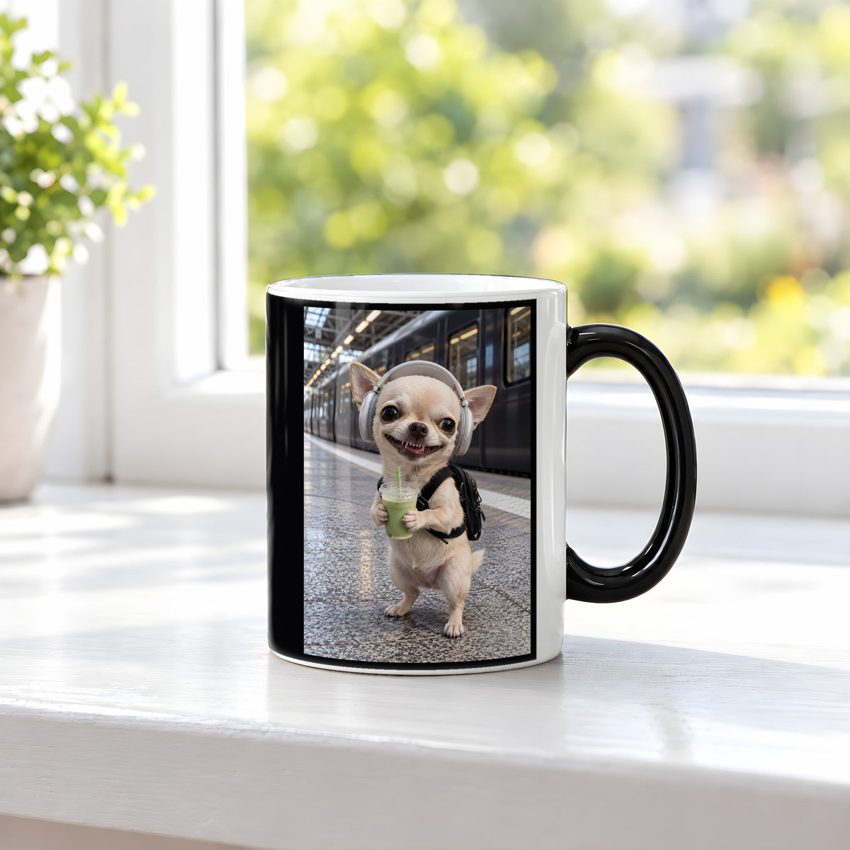 Bahnhof-Chihuahua – Tasse. Zaubertasse: Wärmeeffekt. 3 FENSTER HEISS. KI-Motiv.