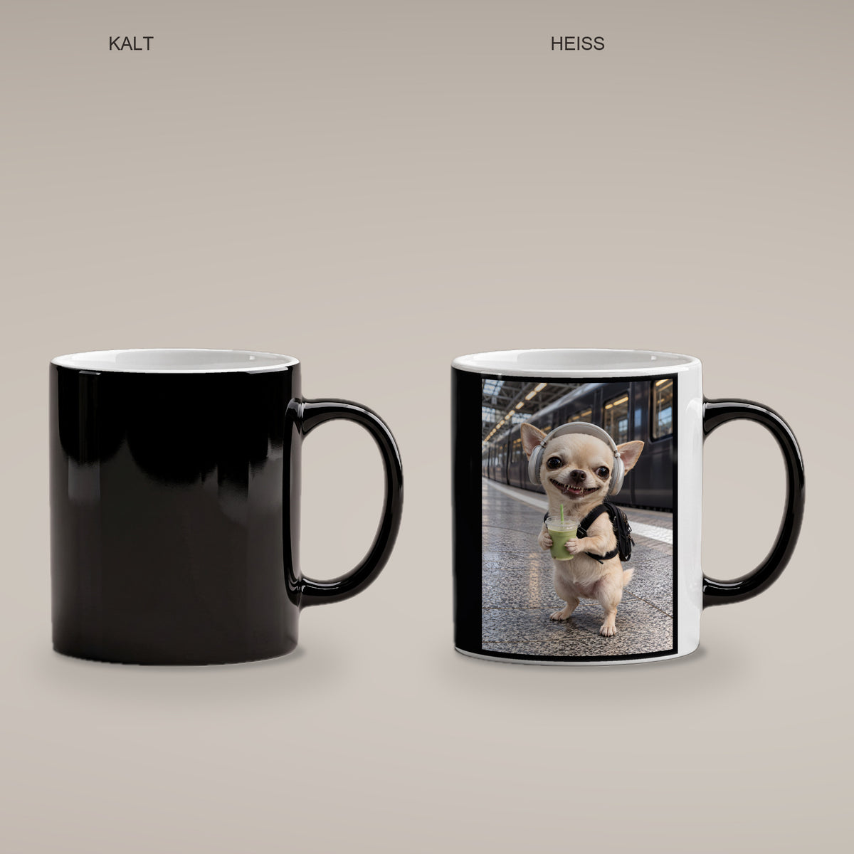 Bahnhof-Chihuahua – Tasse. Zaubertasse: Wärmeeffekt. 4 KALT HEISS. KI-Motiv.