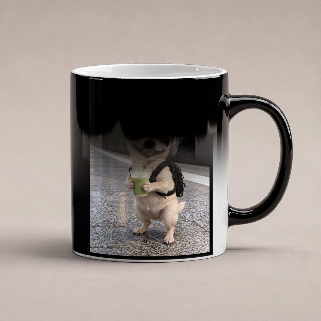 Bahnhof-Chihuahua – Tasse. Zaubertasse: Wärmeeffekt. 6 WAERMEEFFEKT. KI-Motiv.