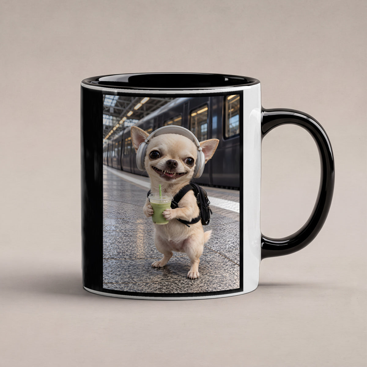 Bahnhof-Chihuahua – Tasse. Innen schwarz. 1 STUDIO. KI-Motiv.